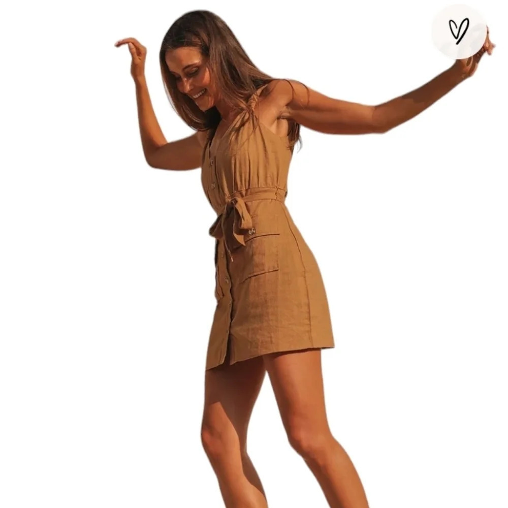 Lulu's Meant For Greatness Cotton Blend Button Front Tan Mini Dress Size XL - Picture 3 of 12